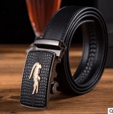 Men's automatic buckle leather belt with gold buckle head, 3.55cm width