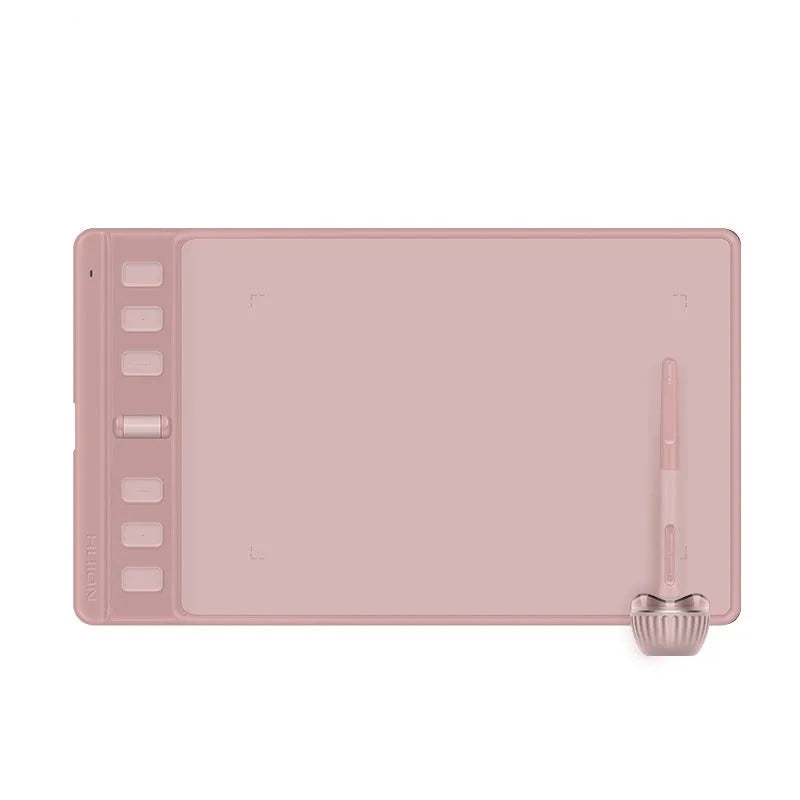 Hua Wang H641P digital drawing tablet with mobile connectivity in black or pink showing PW110 pen and dual work areas
