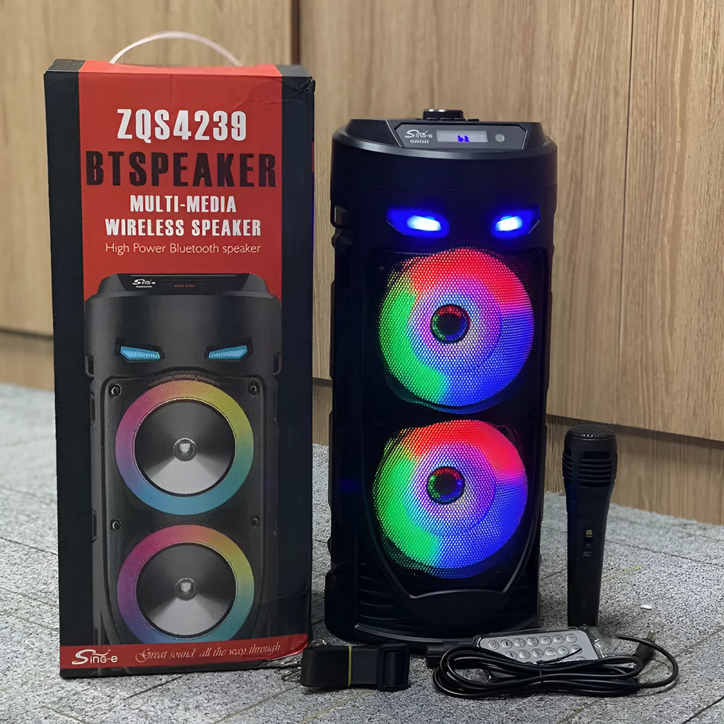 Black portable Bluetooth speaker with dual horn cannon design showing USB charging port and compact dimensions