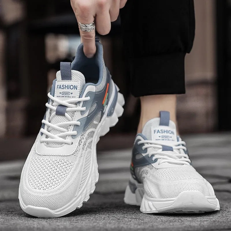 Men's black and white blue platform casual sports shoes with mesh upper and cross shoulder straps