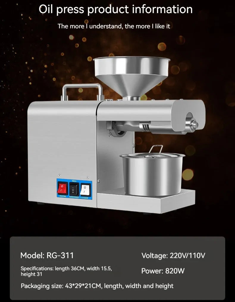 Xiangwei RG-311 and RG-312 electric household oil press machine on a kitchen counter