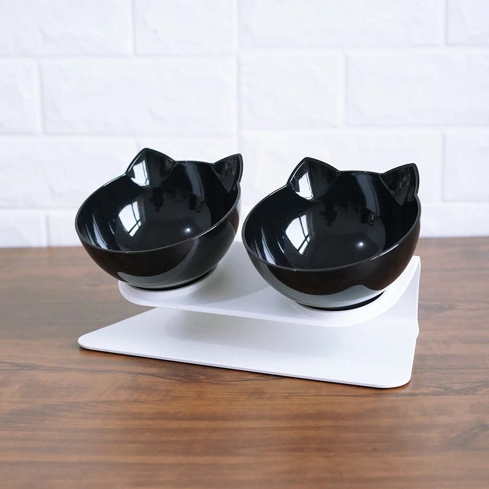 Cat Double Bowl with 15° tilt design for cervical support, transparent cat head and ears, food-grade plastic