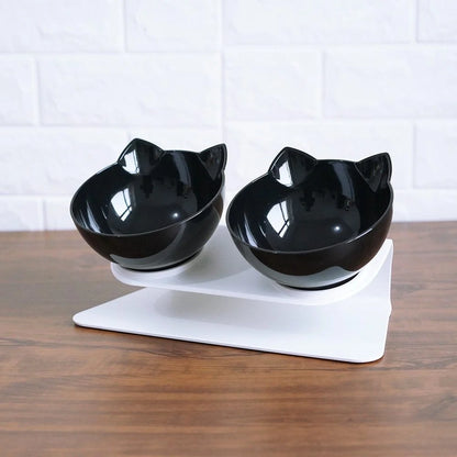 Cat Double Bowl with 15° tilt design for cervical support, transparent cat head and ears, food-grade plastic