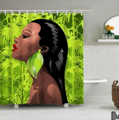 Colorful African girl portrait with graffiti art and modern buildings on a shower curtain