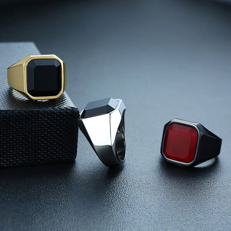 Men's geometric stainless steel black agate ring in silver, gold, red, and black