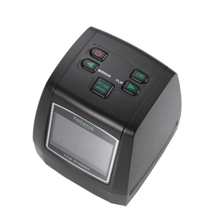 A compact grey film scanner for 135, 126, 110, and Super 8 negatives and slides, with a 2.4 inch LCD screen on the front.
