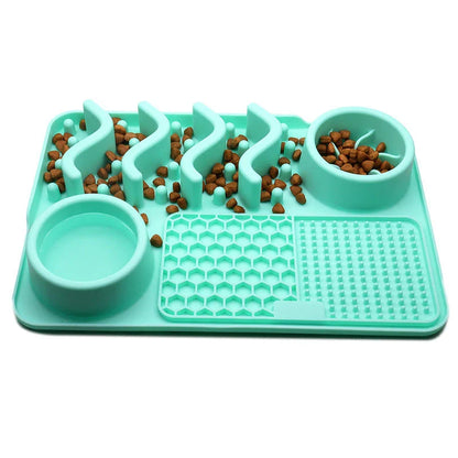 Premium silicone slow feeder licking mat for dogs, available in small and large sizes with textured surface to slow down eating pace and promote dental health