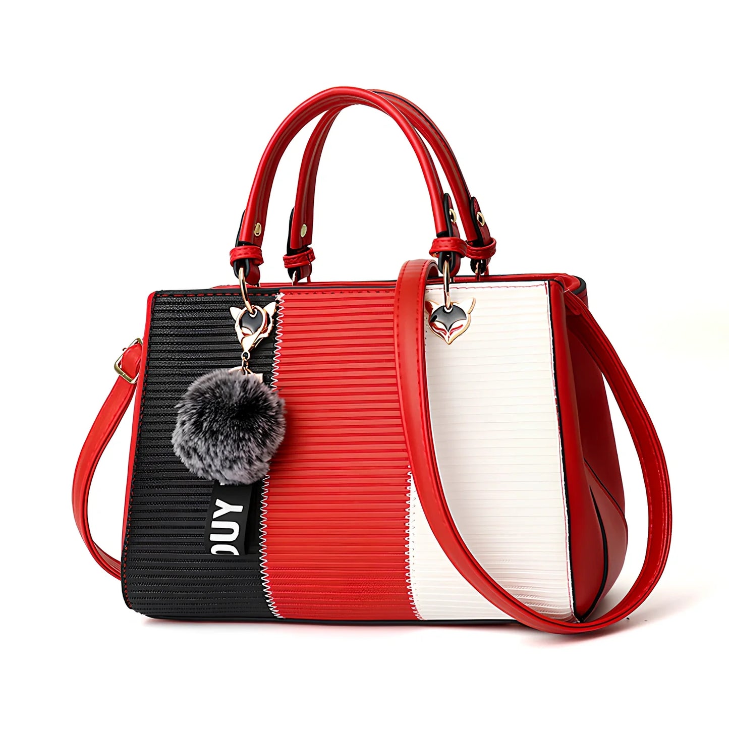 Women's grey PU leather patchwork messenger bag with crossbody strap and magnetic closure