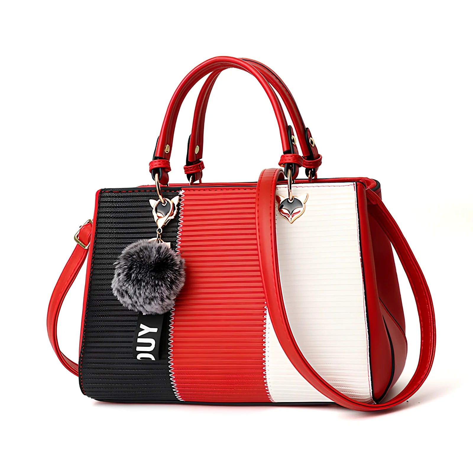 Women's grey PU leather patchwork messenger bag with crossbody strap and magnetic closure