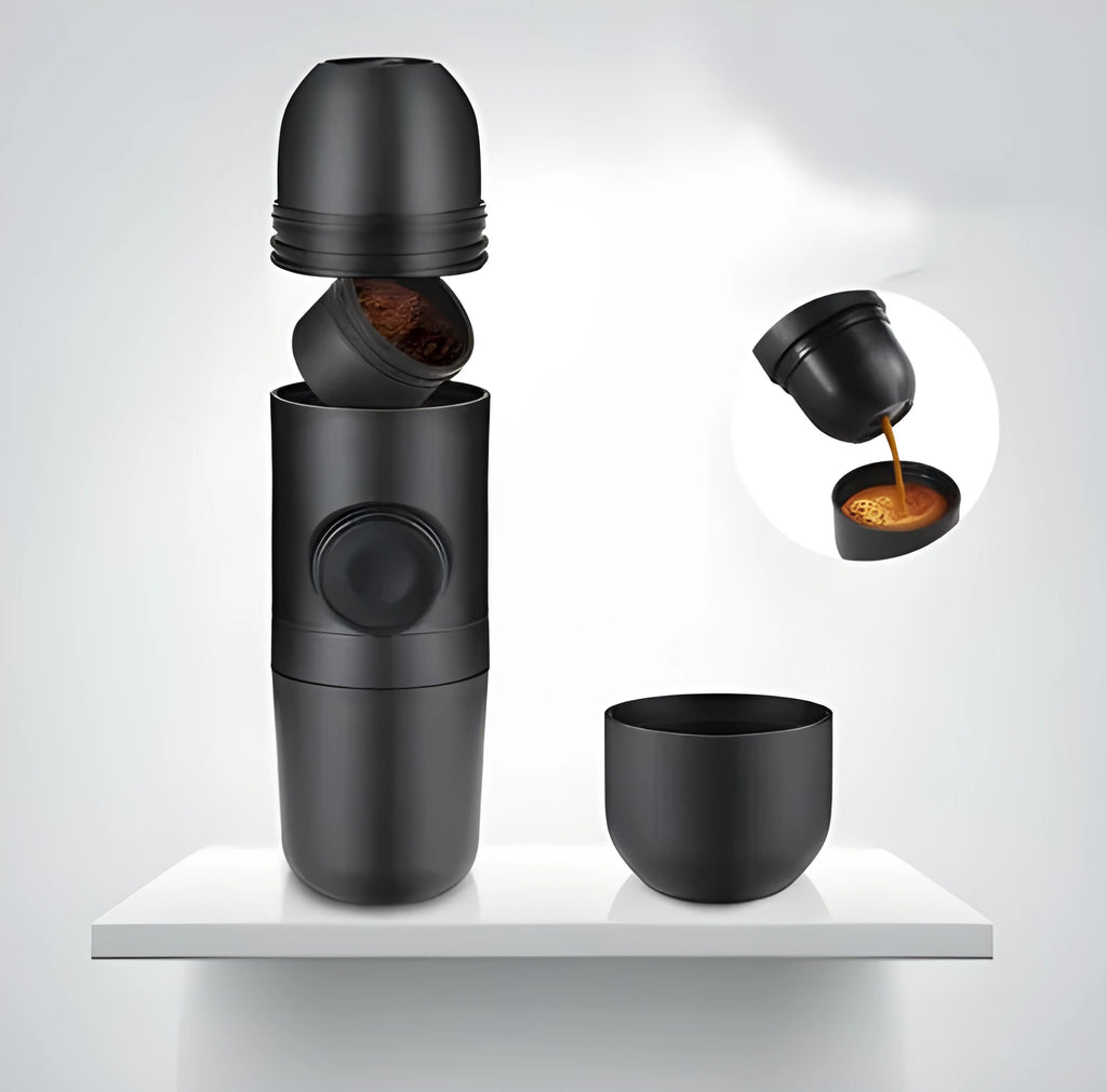 Black portable manual espresso maker showing compact 17.5cm height and 6cm diameter.