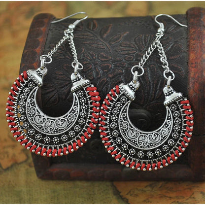 Bohemian Vintage Earrings with hand-woven rope and alloy meniscus flower basket design