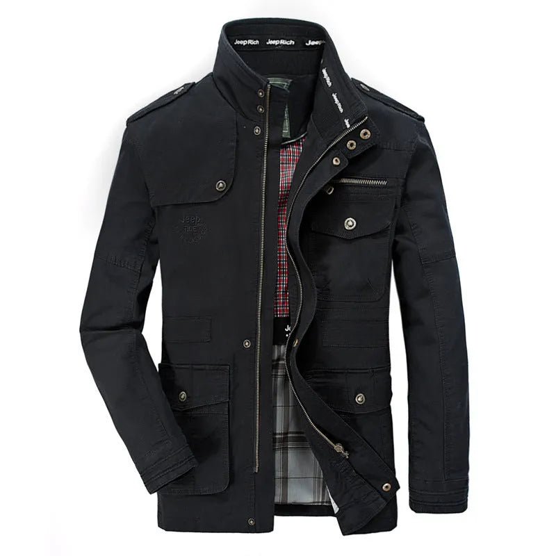 Men's cotton stand collar zip jacket in army green, plain design, loose fit for spring autumn