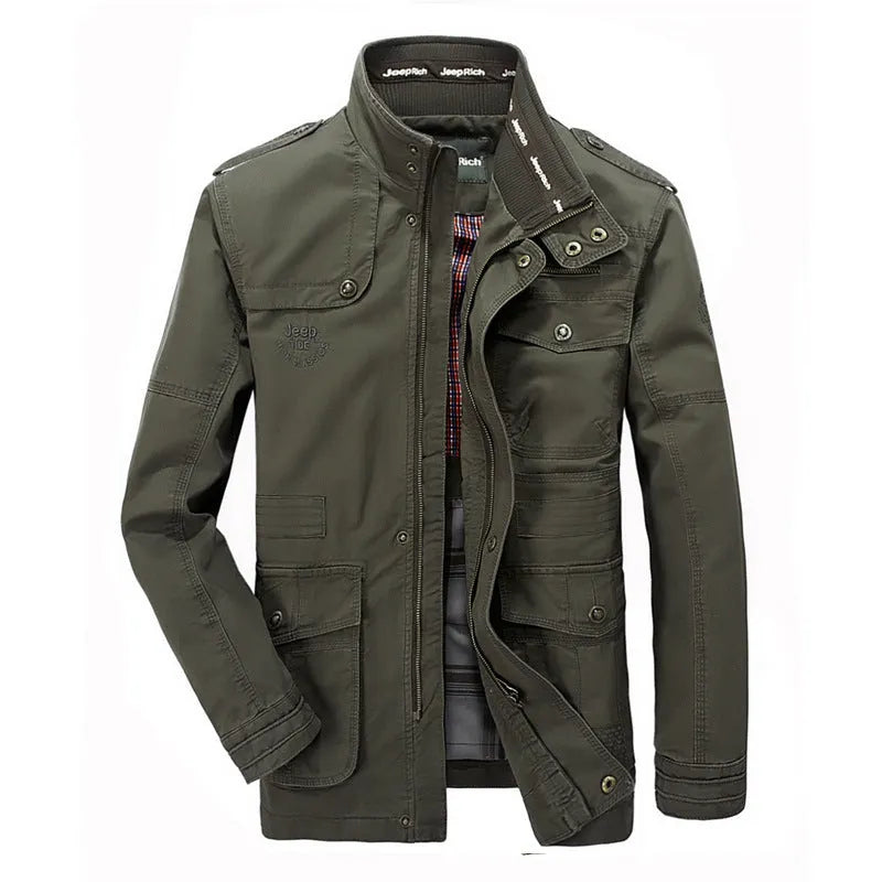 Men's cotton stand collar zip jacket in army green, plain design, loose fit for spring autumn