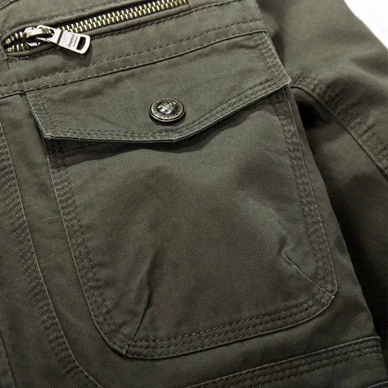 Men's cotton stand collar zip jacket in army green, plain design, loose fit for spring autumn