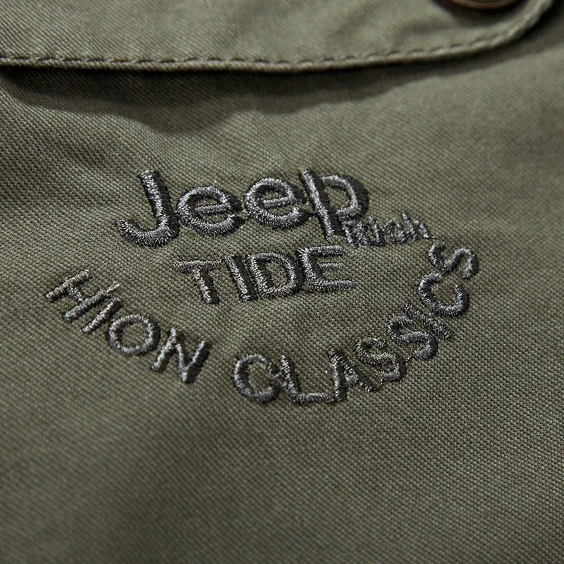 Men's cotton stand collar zip jacket in army green, plain design, loose fit for spring autumn