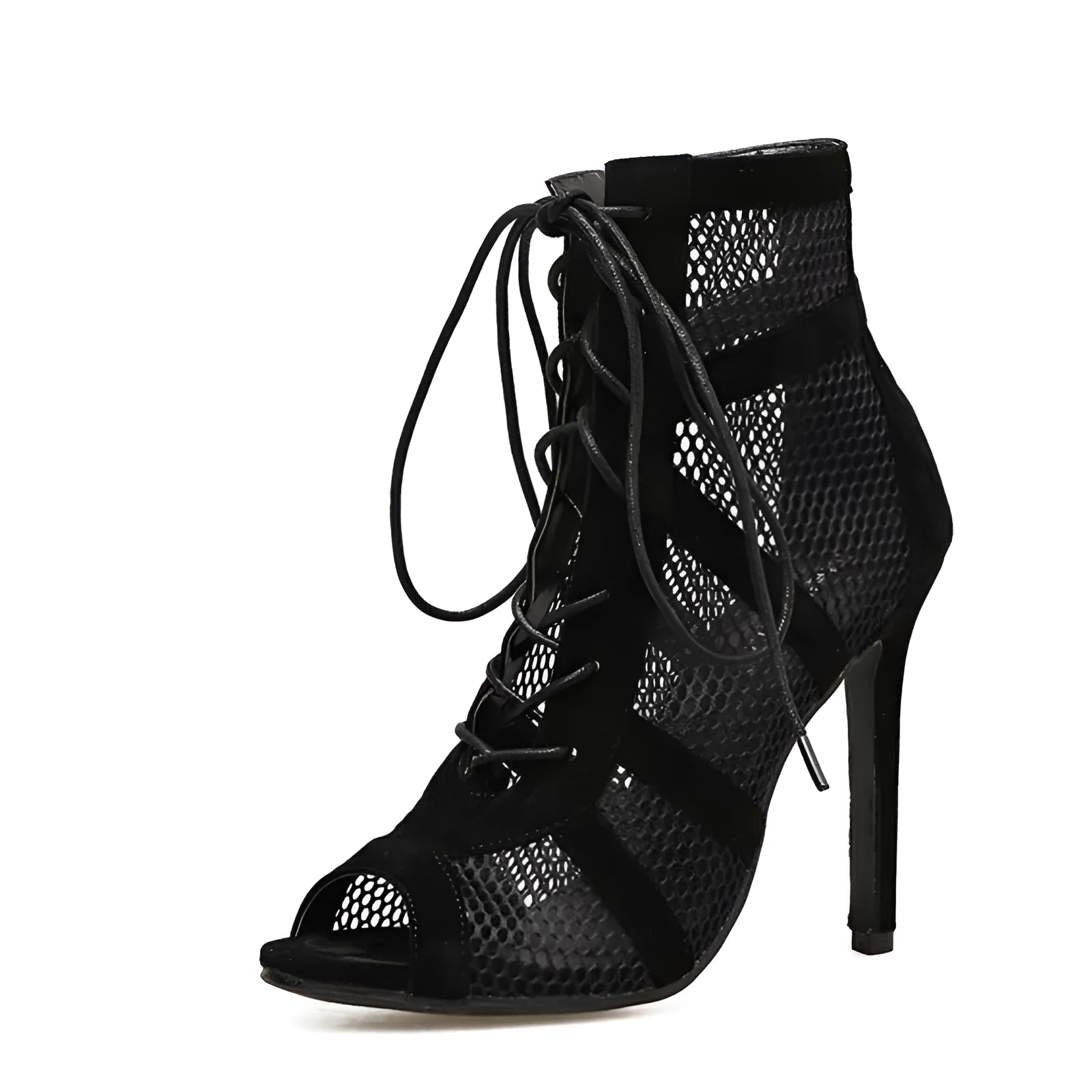 Black suede women's lace-up high heel shoes with a stiletto heel on a plain background