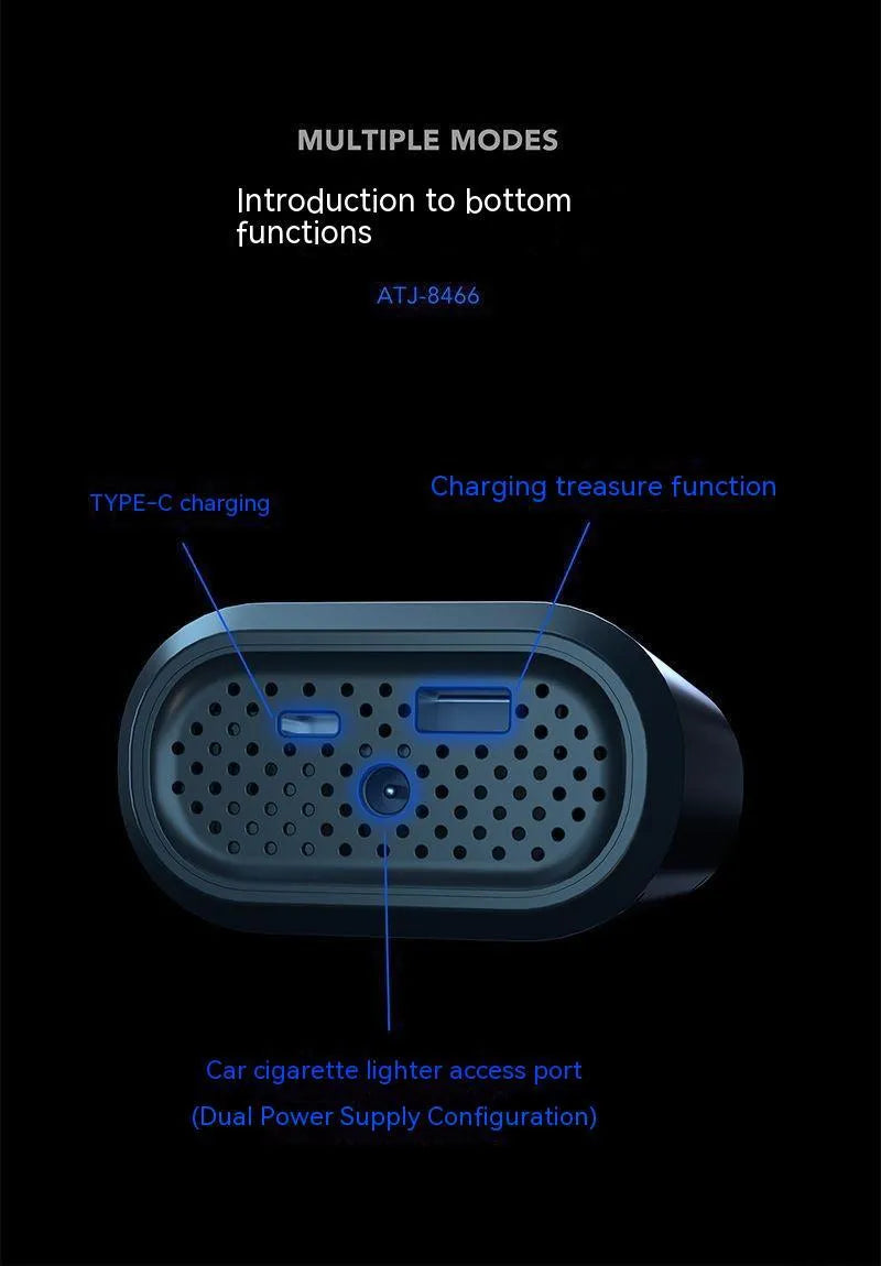 Handheld wireless digital display car tyre inflator with LED light and attached air hose