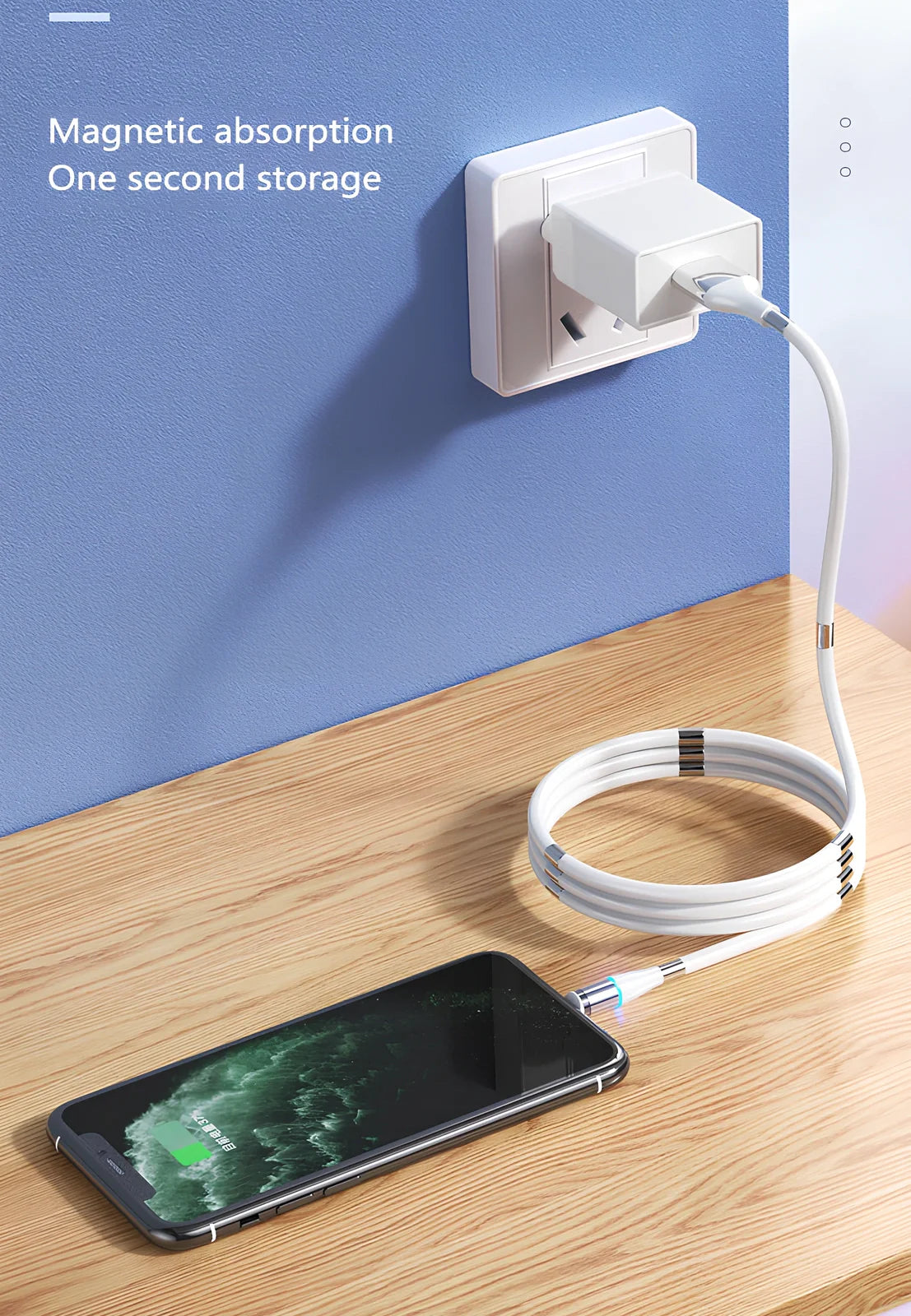 Black 3A magnetic fast charging data cable with Type-C and Apple heads, 1.8m length for iPhone and Android