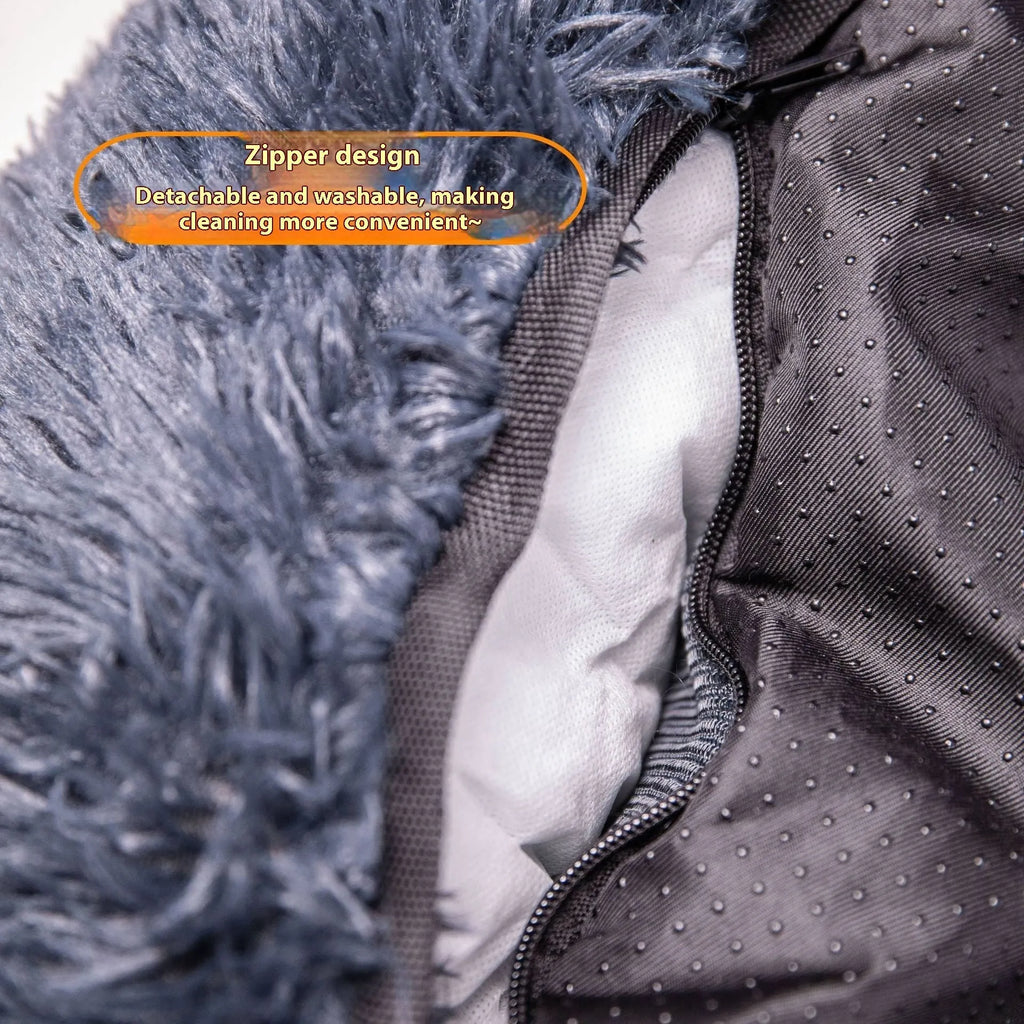 Beige thick cloth pet mat shown inside a car boot next to a dog.
