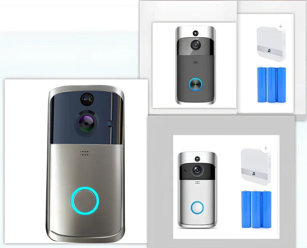 Black wireless video doorbell camera with 166-degree lens, 10m night vision, ABS build, dimensions 7.5x3.3x14.4cm