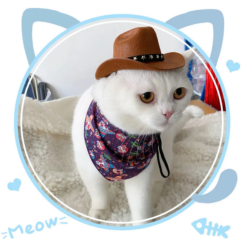 British cowboy hat for a cat or dog in non-woven fabric with decorative ribbon trim.
