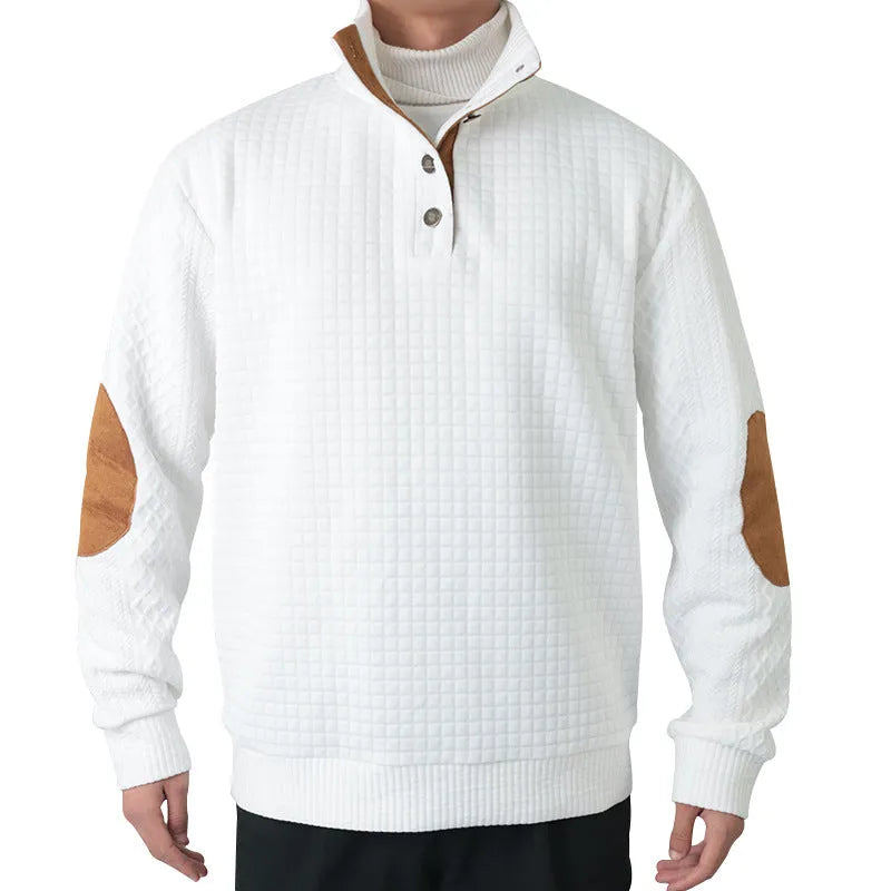 Men's long sleeve patchwork squares polyester fitted casual sweatshirt in army green on a model