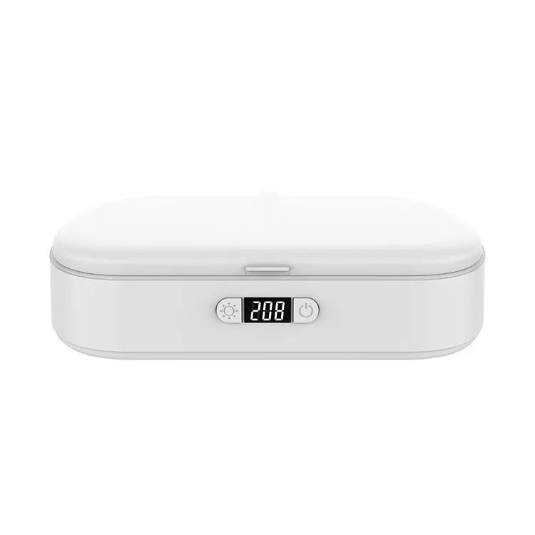 White UV sterilisation box with wireless charging for mobile phones and small personal items.