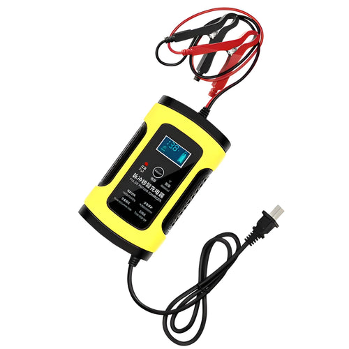 Yellow 12V 6A intelligent automatic car battery charger with cables, 150x85x60mm