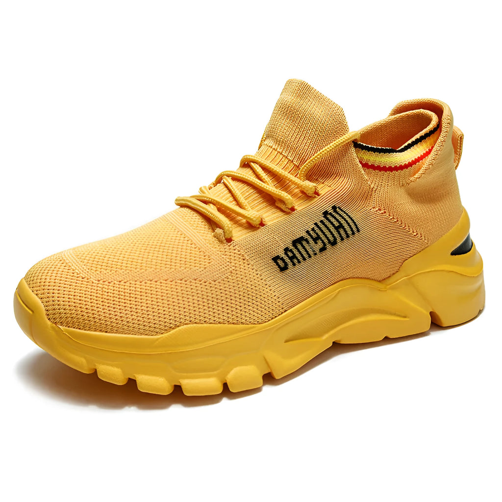 Korean fashion lace-up running shoes with breathable mesh interior, thick bottom heel, and car suture detail in black, green, white, yellow