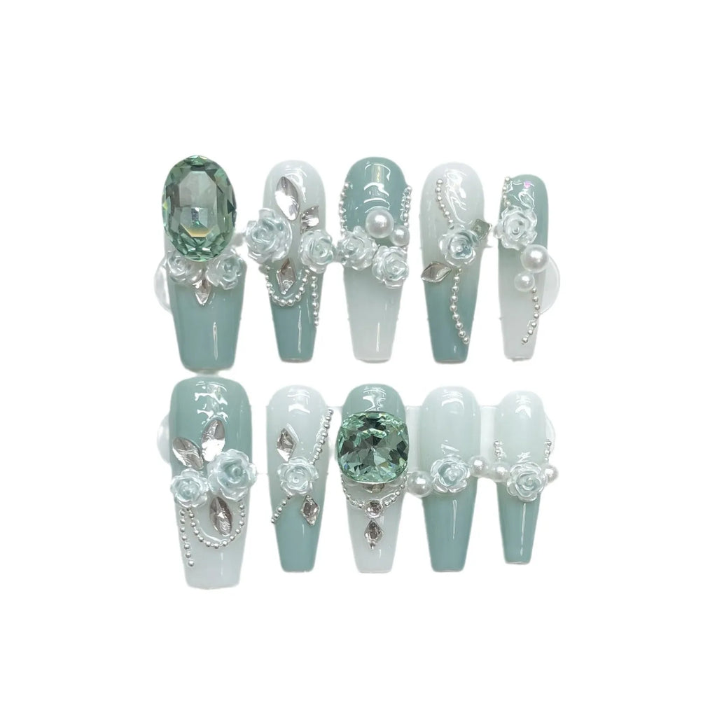 Wear Armor Green full diamond camellia gradient chain nail stickers with bow and butterfly patterns
