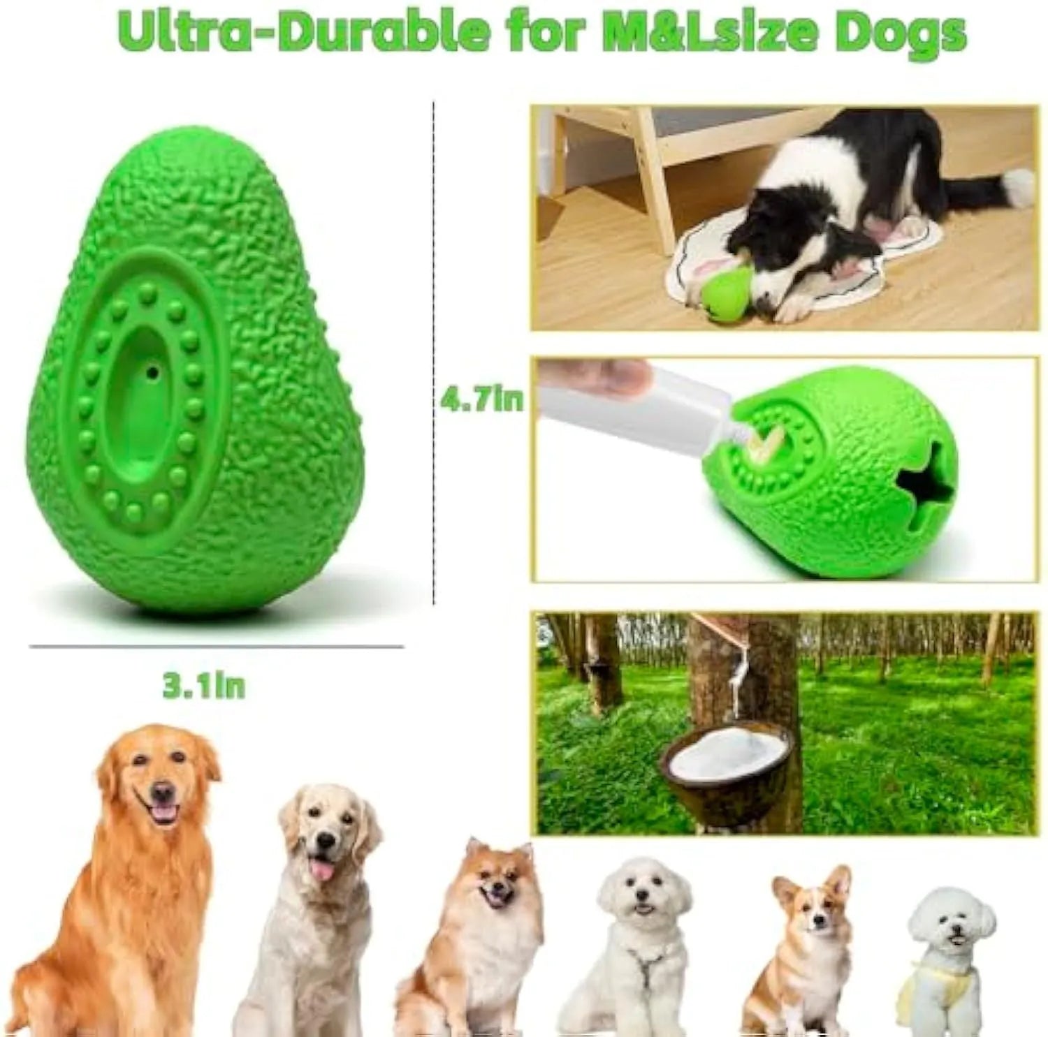 Green avocado-shaped natural rubber dog chew toy with textured surface for teeth cleaning
