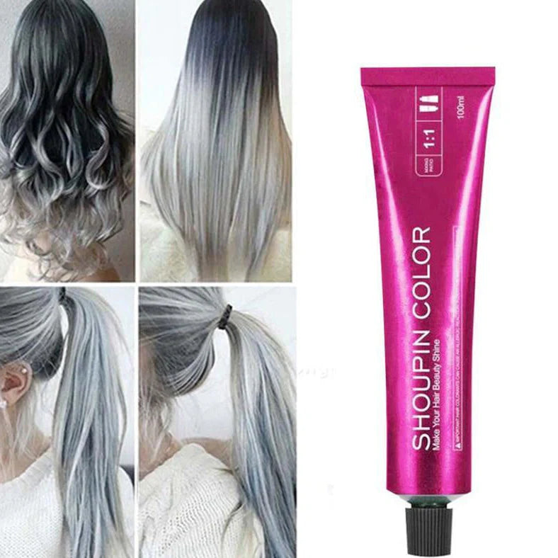 Ammonia-free hair dye 100ml tube with colour chart showing 40+ shades including WG75 cold brown and C5-66 purple