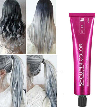 Ammonia-free hair dye 100ml tube with colour chart showing 40+ shades including WG75 cold brown and C5-66 purple