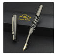 Yellow bronze metal fountain pen with iridium nib, 0.7mm big point, and gold trim, lying on a light surface