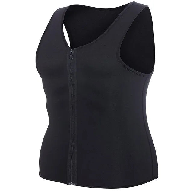 Black fitness sweat zipper vest with front zip, made from chlorinated fibre, shown on a model