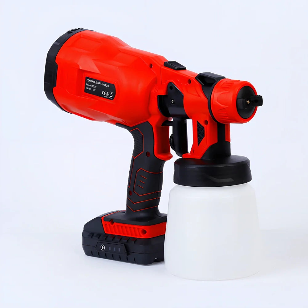 Red cordless paint sprayer gun with 800ml reservoir, 550W motor, 1.8mm nozzle for 300mm spraying distance