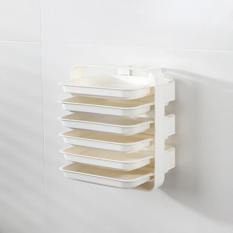 Wall-mounted kitchen side tray with six layers for efficient storage in blue, white, and coffee colour options