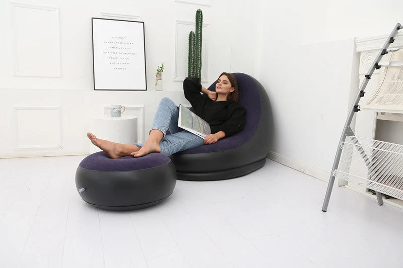 Inflatable flocking sofa in various colours, showcasing ergonomic design and portability
