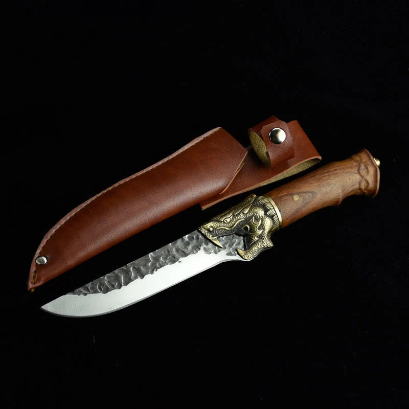 Hand-forged slicing knife with rosewood handle and leather case