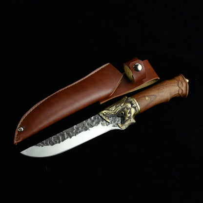 Hand-forged slicing knife with rosewood handle and leather case