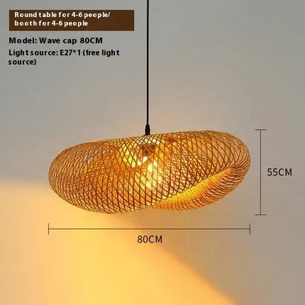 Straw hat-shaped bamboo hanging lamp with natural woven rattan construction