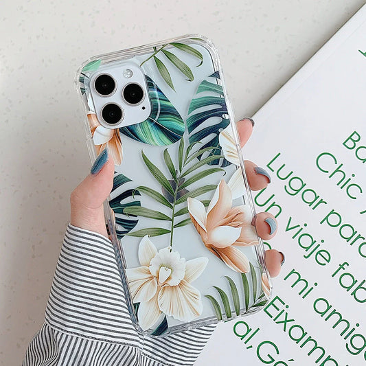 Orange silicone iPhone case with banana leaf watercolour pattern and electroplated camera cutout