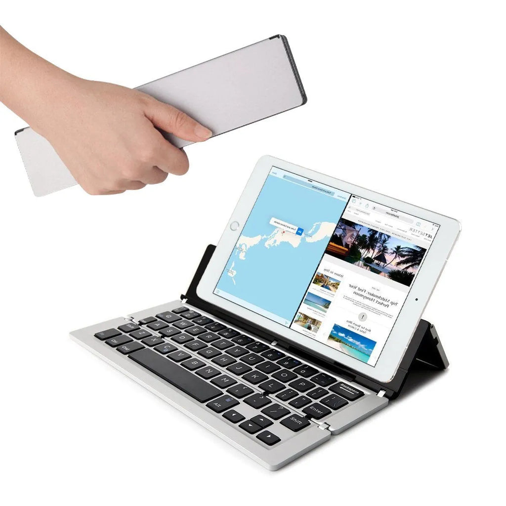 F18 three-fold folding Bluetooth keyboard in silvery finish, folded state, with aluminum alloy body