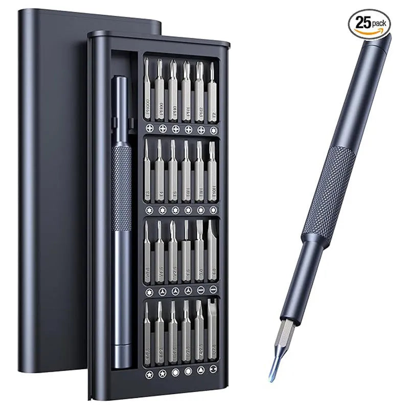 Compact 25-in-one magnetic screwdriver set with chrome vanadium steel bits and a black ABS handle.