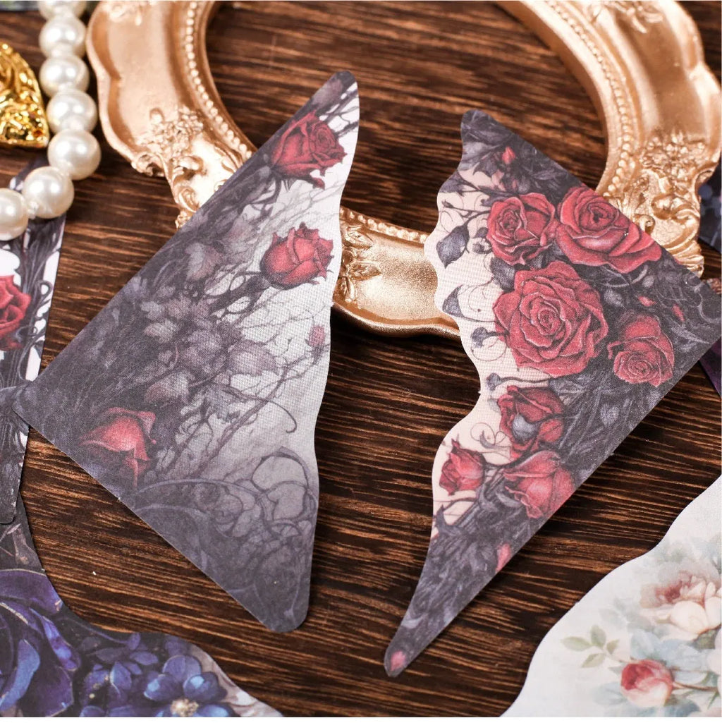 Pack of printed paper notecards in six colours showing spring vine, pink plum, red rose, blue, green wild, and purple dew designs.