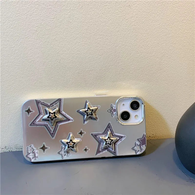 Silver grey electroplated three-dimensional star hard acrylic phone case for iPhone on white background