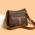 Brown women's crossbody bag with stitching pattern detailing and large storage capacity