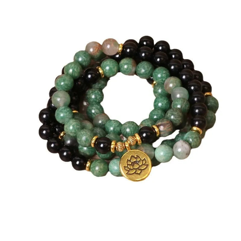 Green and black alloy elastic beaded long bracelet with natural style design