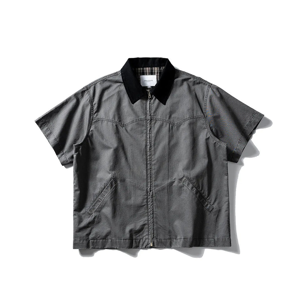 Men's khaki cotton short-sleeve loose-fit overalls cardigan shirt on a hanger