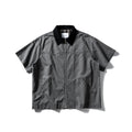 Men's khaki cotton short-sleeve loose-fit overalls cardigan shirt on a hanger